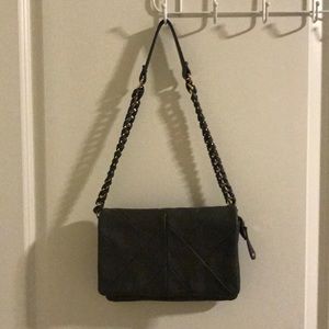 Gray shoulder bag with gold chain strap